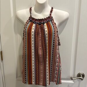 Liverpool Carousel Stripe Sleeveless Halter Blouse with Ruffles Size L